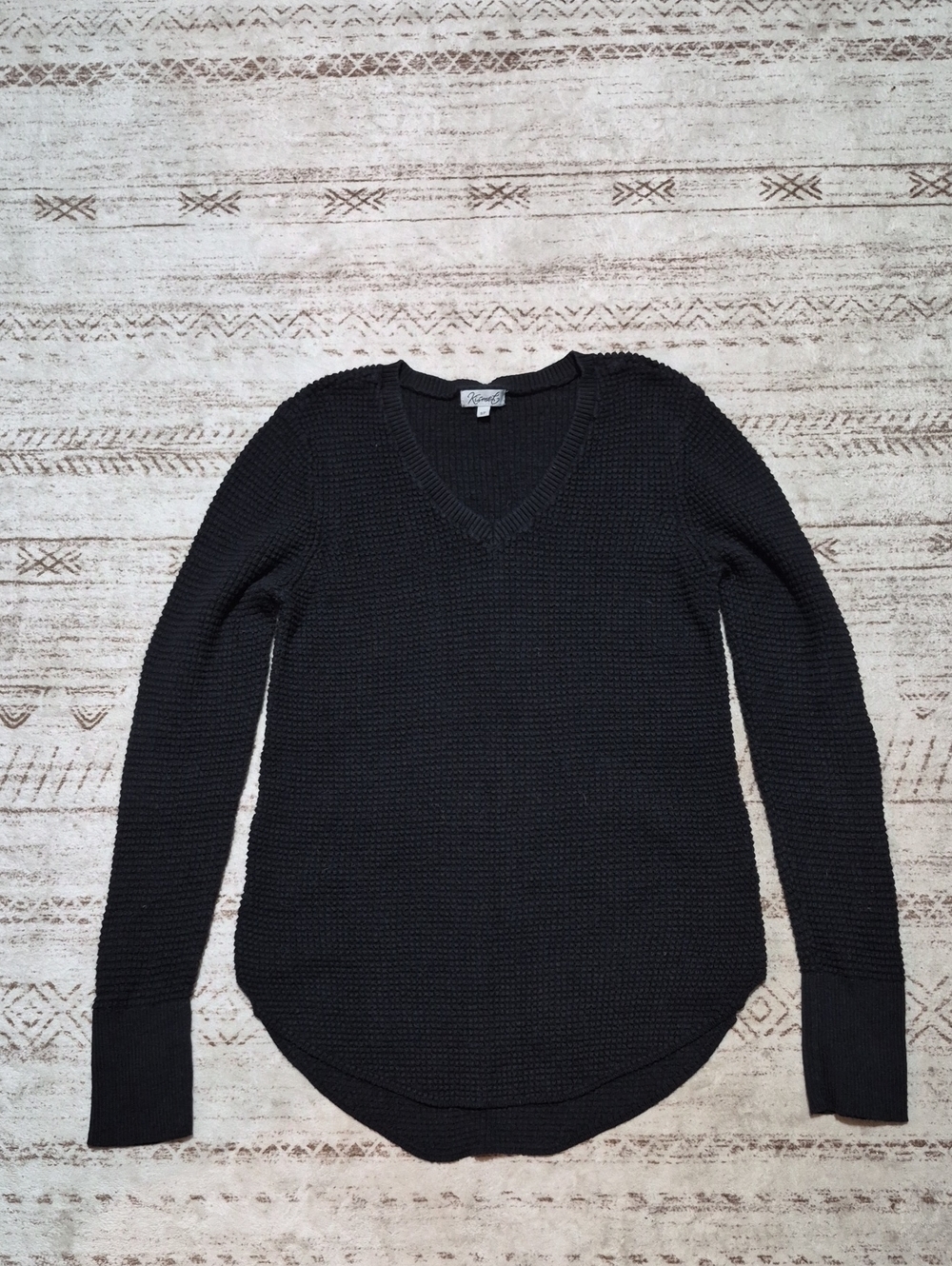 Kismet Black V-Neck Waffle Knit Sweater